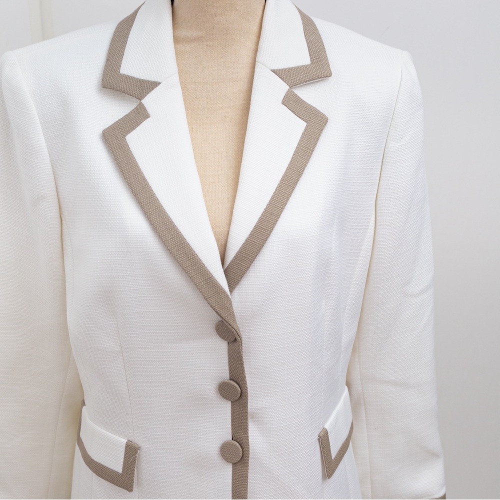 Tailored blazer jacket white tan khaki trim summer blazer Tahari 14 - Picture 6 of 15